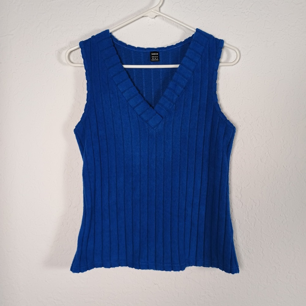 SHEIN XS Extra Small Blue Ribbed V-Neck‎ Sleeveless Stretch Tank Top